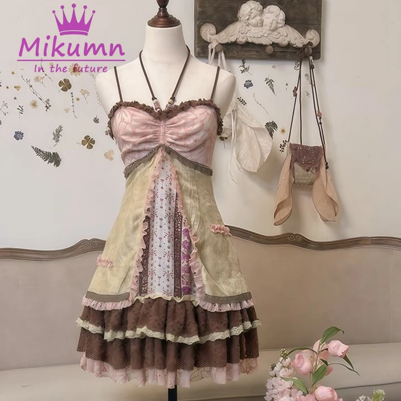 Mikumn Harajuku Summer Women Floral Print Halter Dress Japanese Y2k Vintage Lace Patchwork Sleeveless A Line Strap Mini Dresses