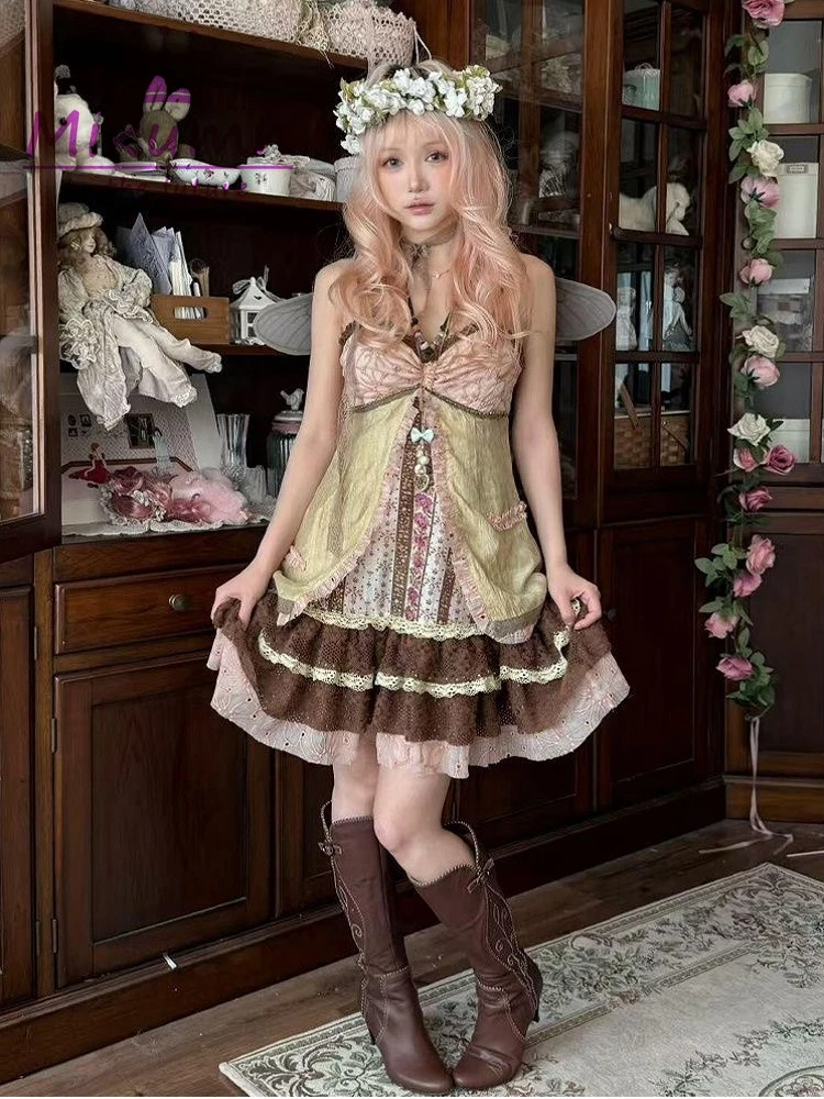 Mikumn Harajuku Summer Women Floral Print Halter Dress Japanese Y2k Vintage Lace Patchwork Sleeveless A Line Strap Mini Dresses