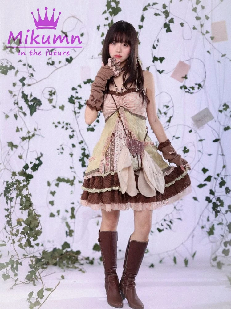 Mikumn Harajuku Summer Women Floral Print Halter Dress Japanese Y2k Vintage Lace Patchwork Sleeveless A Line Strap Mini Dresses