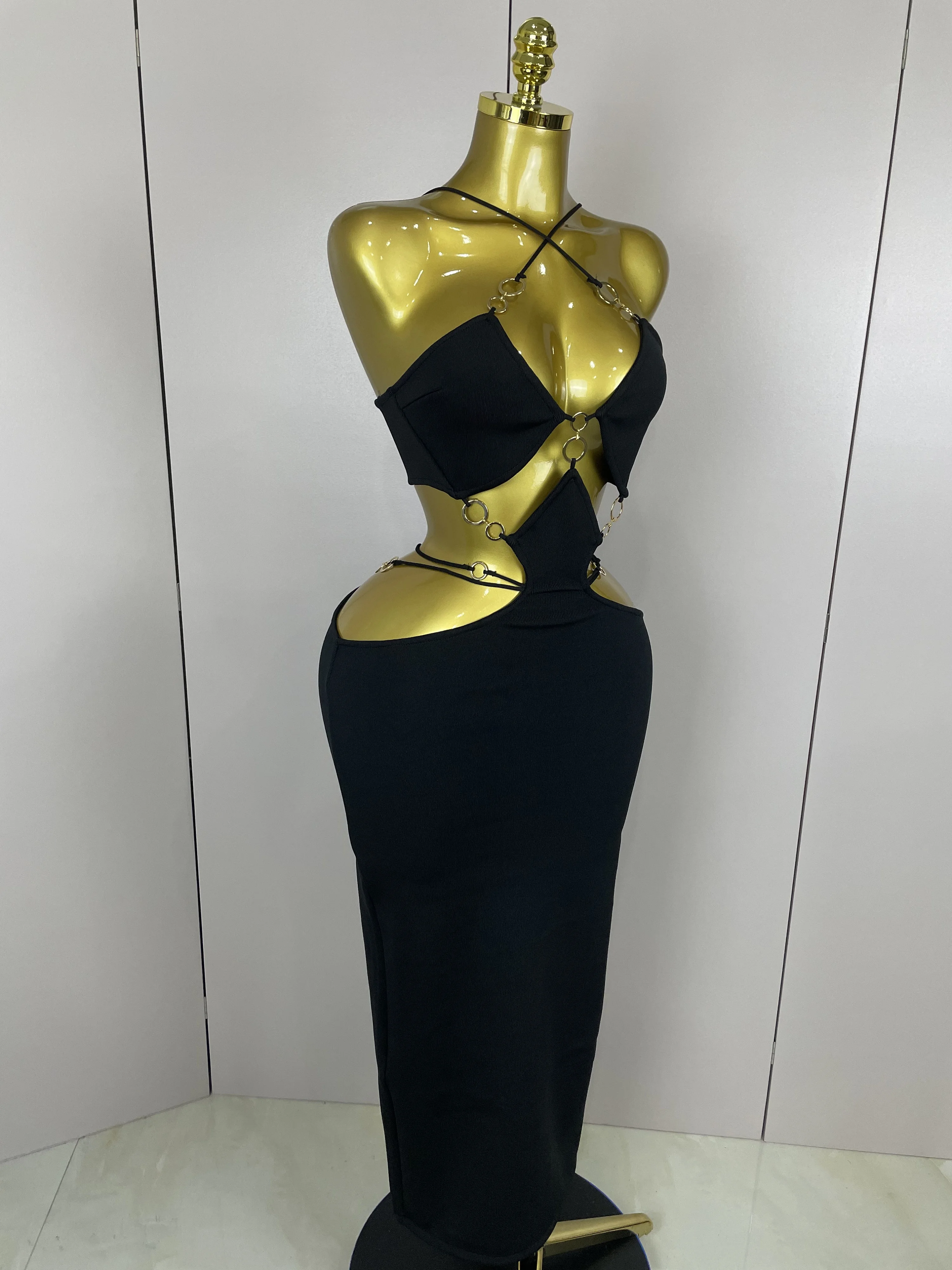 Sexy Halter Hollow Out Sleeveless Black Red Bodycon Long Bandage Dress 2025 Women Celebate Elegant Luxury Birthday Club Dress