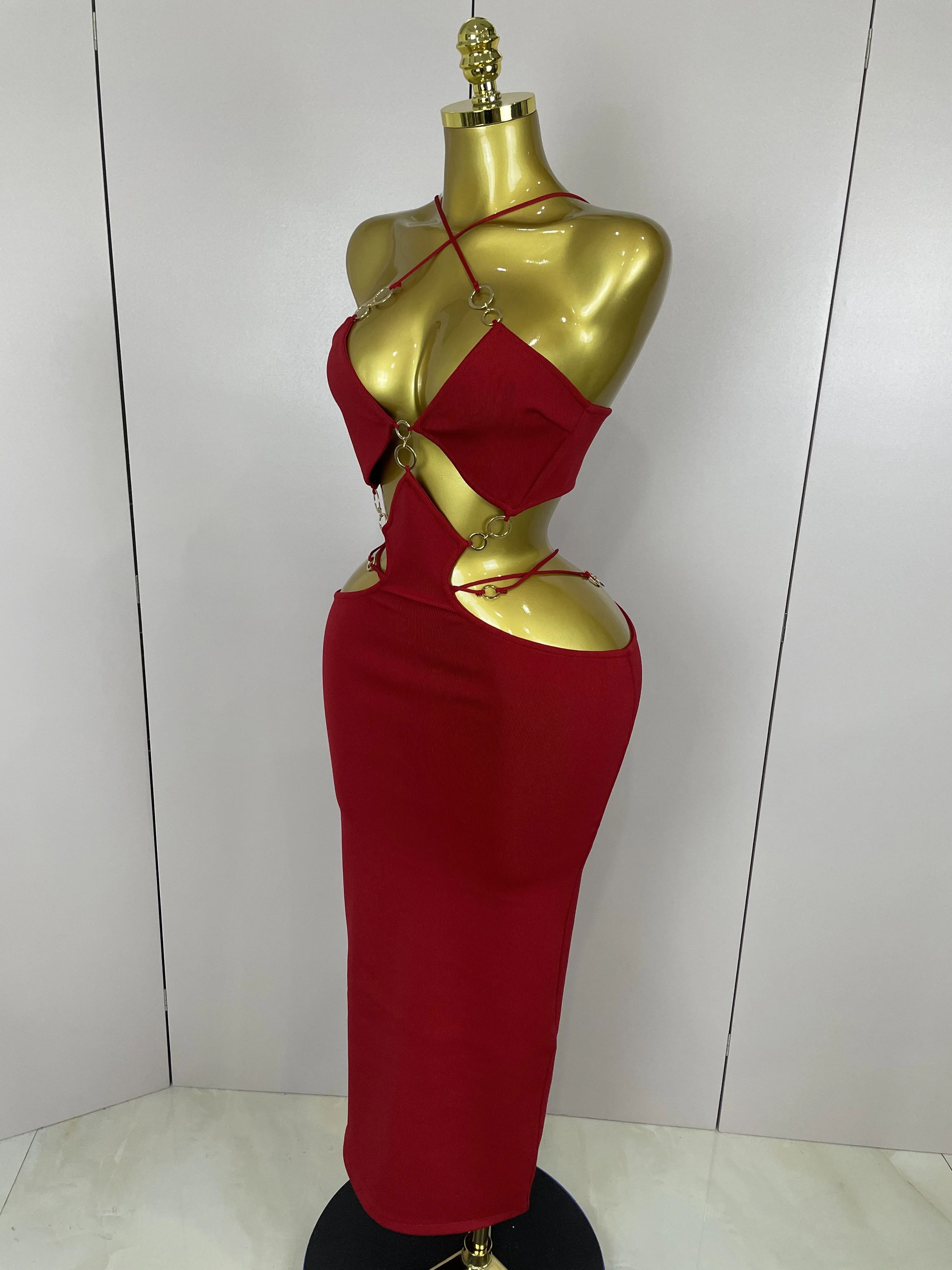 Sexy Halter Hollow Out Sleeveless Black Red Bodycon Long Bandage Dress 2025 Women Celebate Elegant Luxury Birthday Club Dress