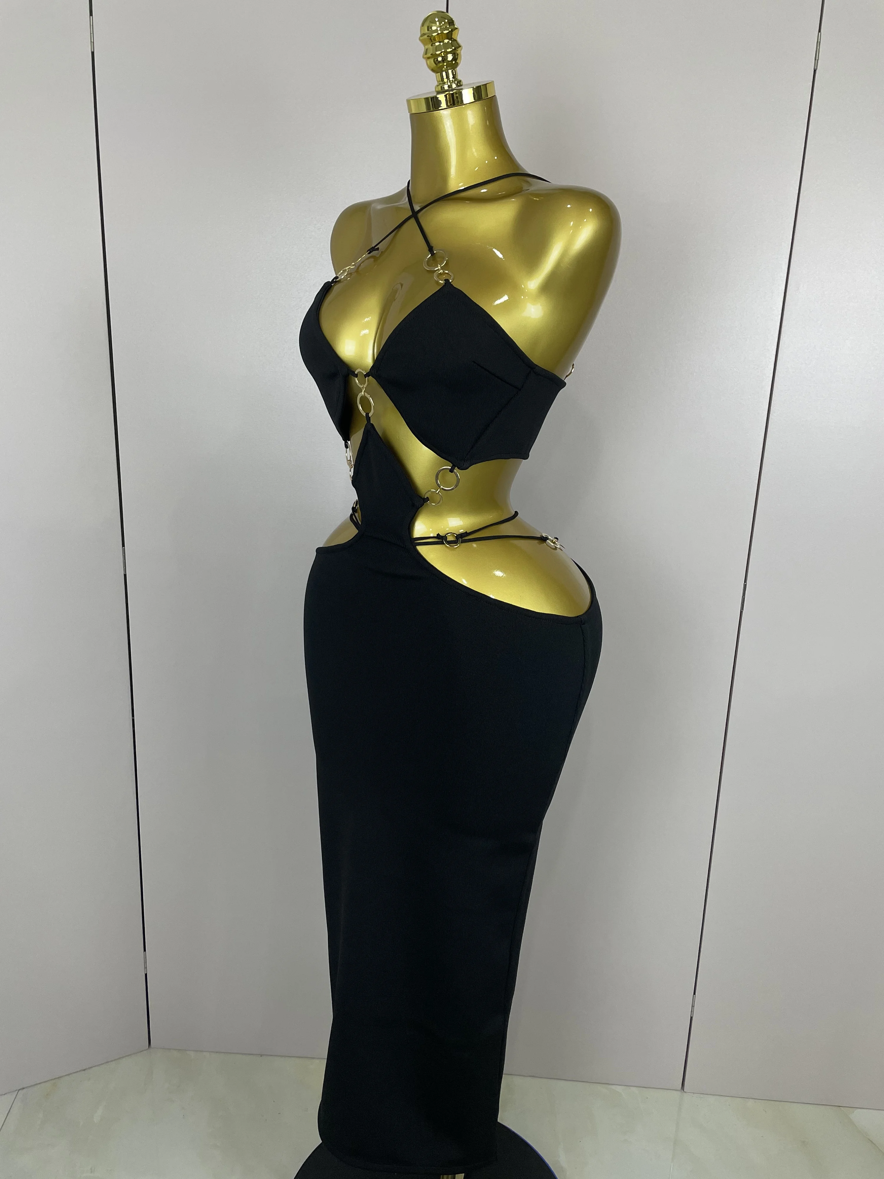 Sexy Halter Hollow Out Sleeveless Black Red Bodycon Long Bandage Dress 2025 Women Celebate Elegant Luxury Birthday Club Dress