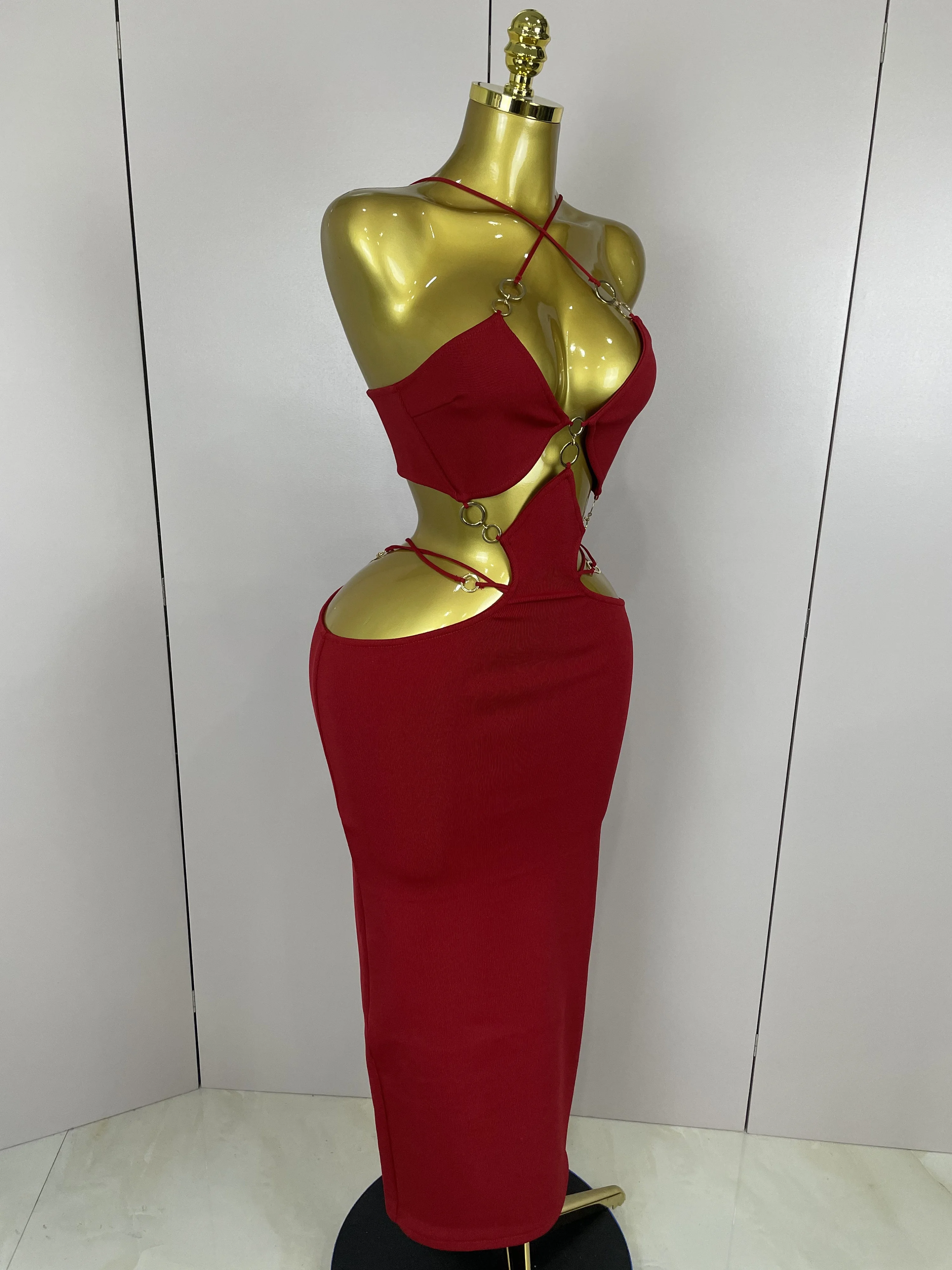 Sexy Halter Hollow Out Sleeveless Black Red Bodycon Long Bandage Dress 2025 Women Celebate Elegant Luxury Birthday Club Dress