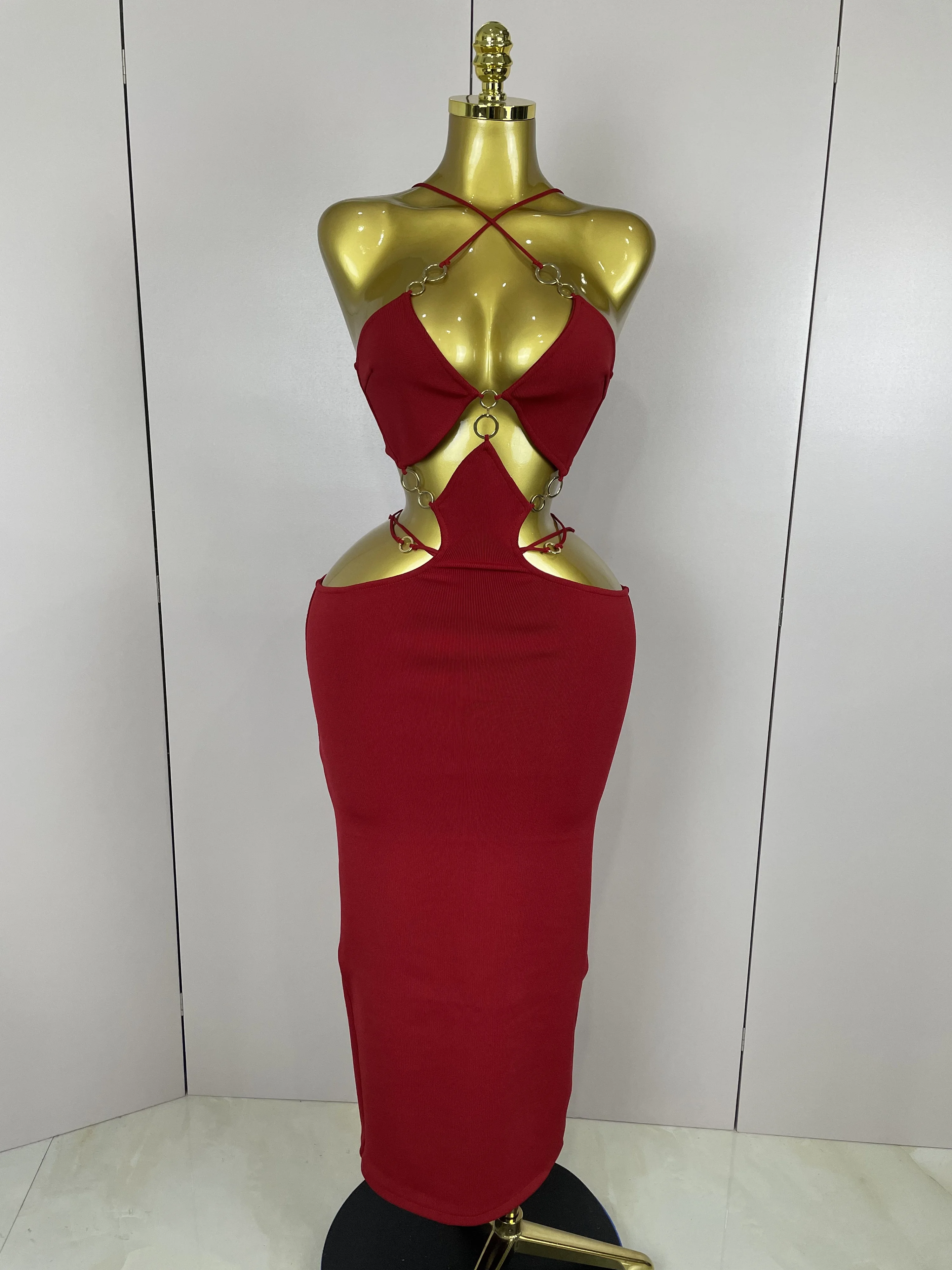 Sexy Halter Hollow Out Sleeveless Black Red Bodycon Long Bandage Dress 2025 Women Celebate Elegant Luxury Birthday Club Dress