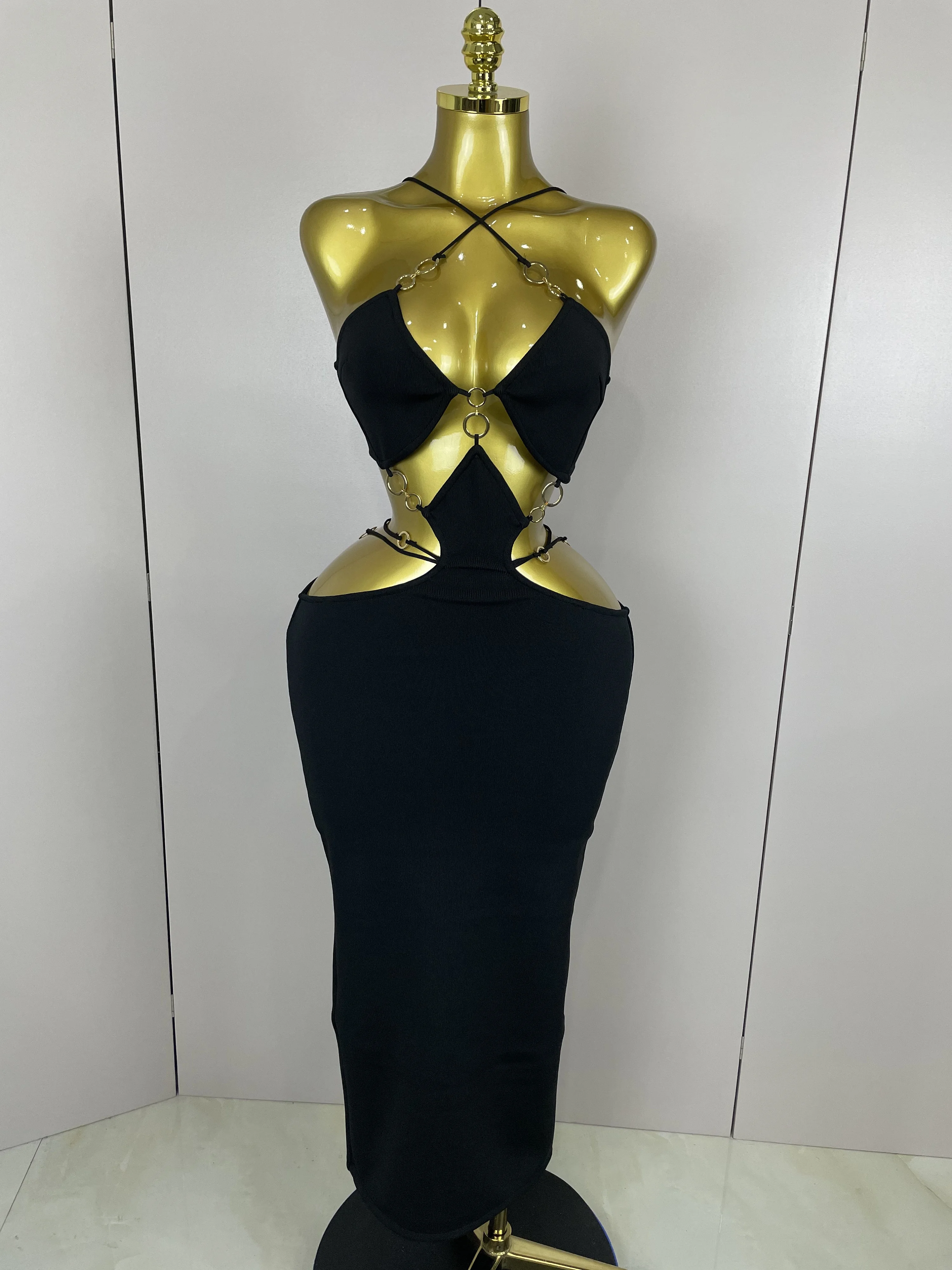 Sexy Halter Hollow Out Sleeveless Black Red Bodycon Long Bandage Dress 2025 Women Celebate Elegant Luxury Birthday Club Dress
