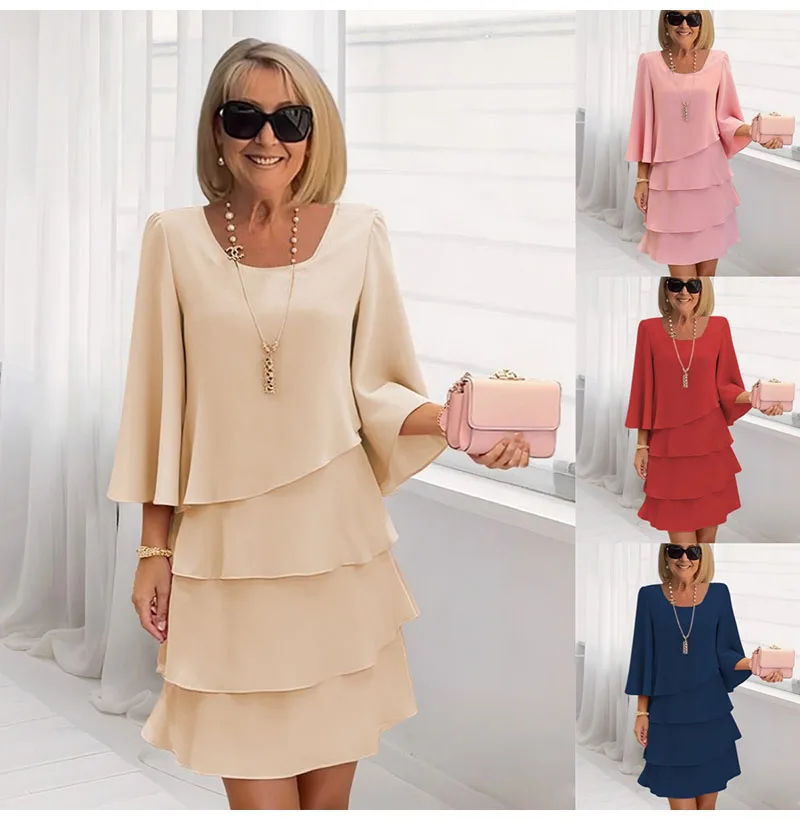 Casual Ruffles Midi Dress Women 2025 Summer Fashion Solid Color O-neck Dresses Elegant