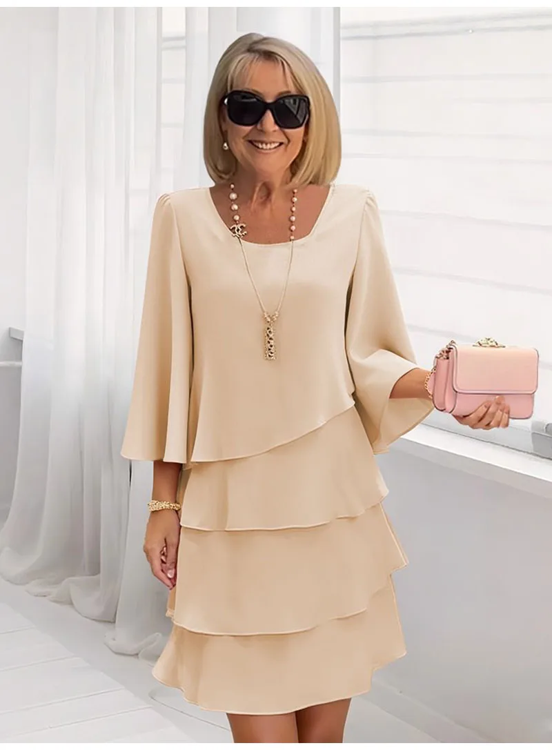 Casual Ruffles Midi Dress Women 2025 Summer Fashion Solid Color O-neck Dresses Elegant