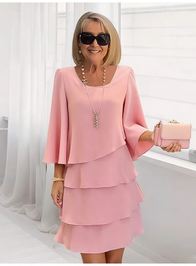 Casual Ruffles Midi Dress Women 2025 Summer Fashion Solid Color O-neck Dresses Elegant