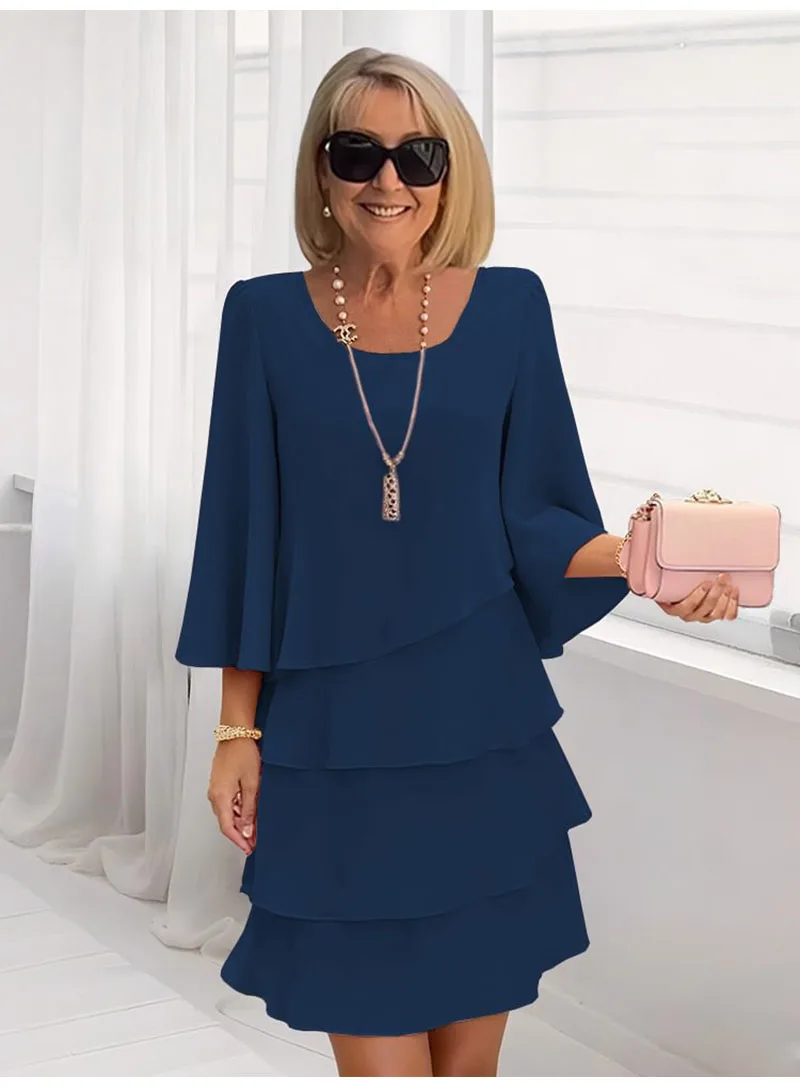 Casual Ruffles Midi Dress Women 2025 Summer Fashion Solid Color O-neck Dresses Elegant
