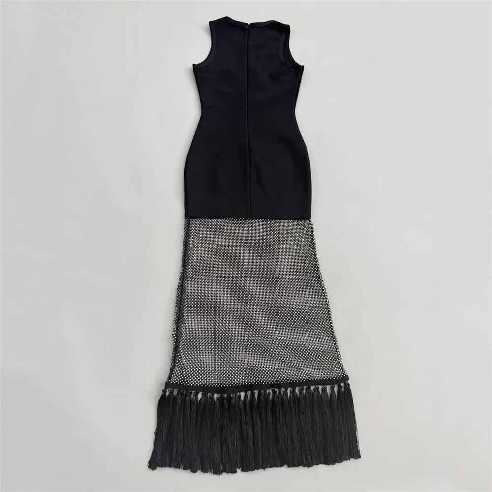 2025 New Women Sleeveless Bandage Dress Sexy Beading Tassels Clothes Club Party Elegant Dresses