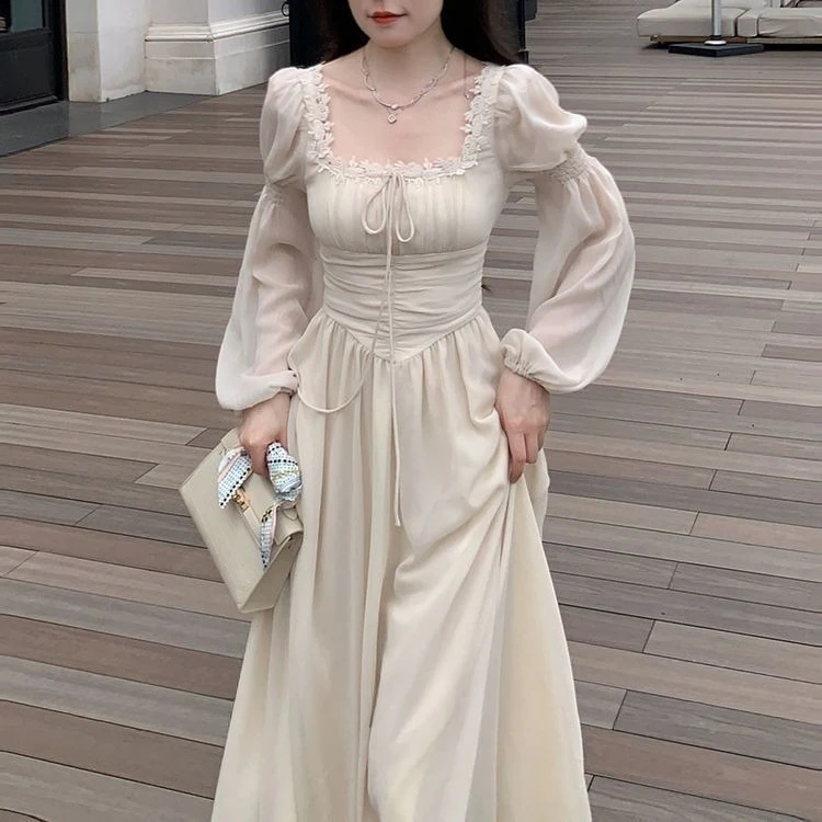 Elegant Square Collar Chiffo Dresses 2026 New Long Sleeve Dress for Women Y2k Early Autumn Slim Waist Vestidos De Mujer