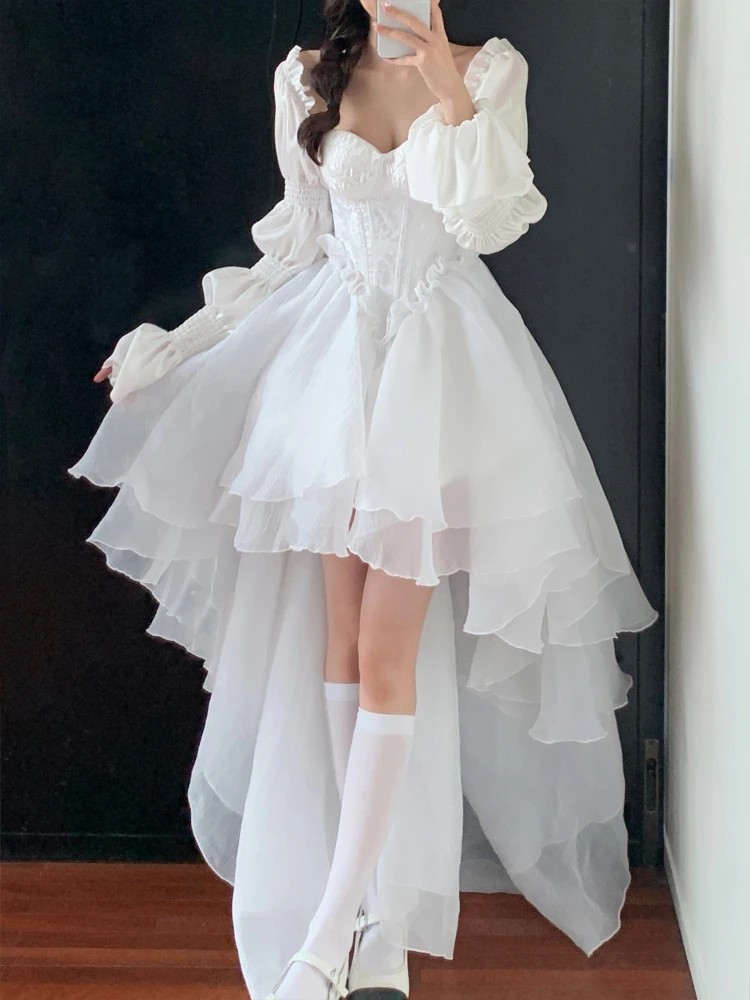 Pure Color Fairy Midi Dress Women White Elegant Evening Party Dress Beach 2026 New Casual Long Sleeve Fashion Dress Korean