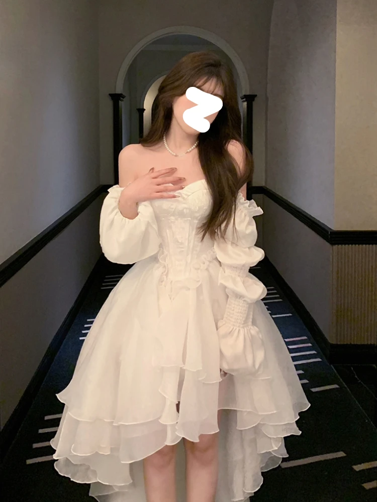 Pure Color Fairy Midi Dress Women White Elegant Evening Party Dress Beach 2026 New Casual Long Sleeve Fashion Dress Korean