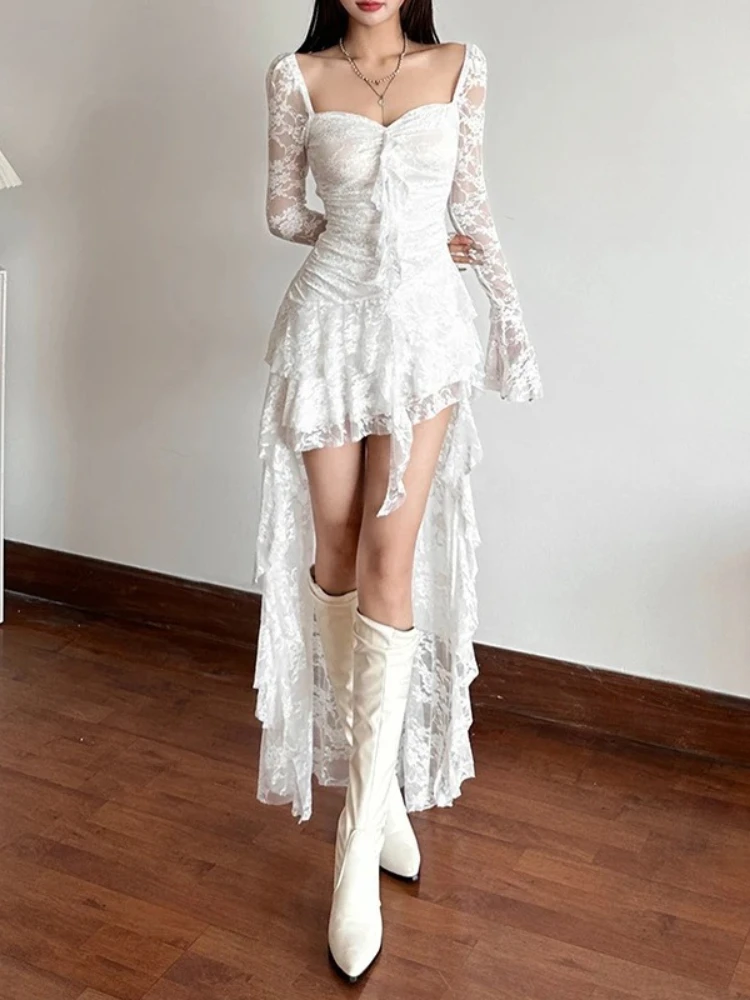 Pure Color Fairy Midi Dress Women White Elegant Evening Party Dress Beach 2026 New Casual Long Sleeve Fashion Dress Korean
