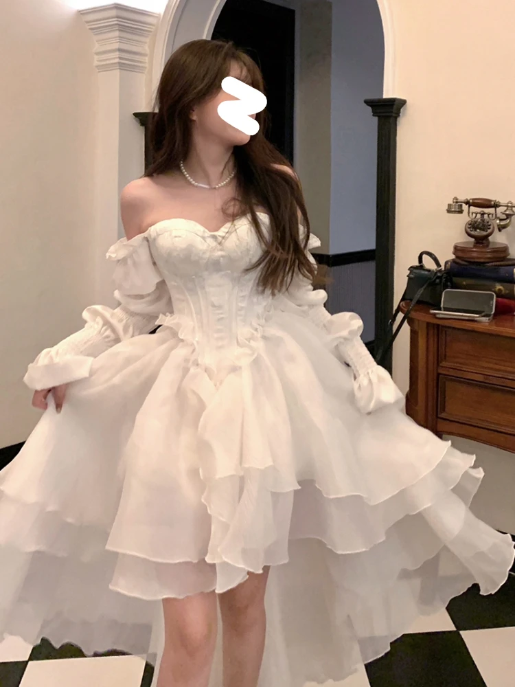 Pure Color Fairy Midi Dress Women White Elegant Evening Party Dress Beach 2026 New Casual Long Sleeve Fashion Dress Korean