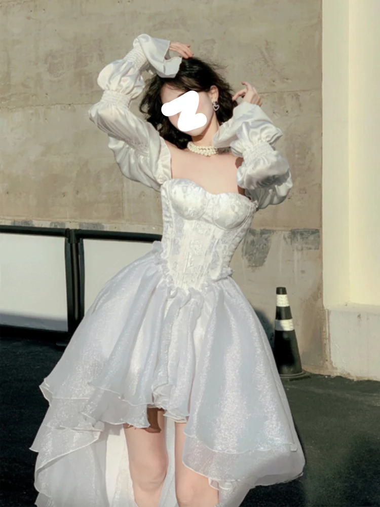 Pure Color Fairy Midi Dress Women White Elegant Evening Party Dress Beach 2026 New Casual Long Sleeve Fashion Dress Korean