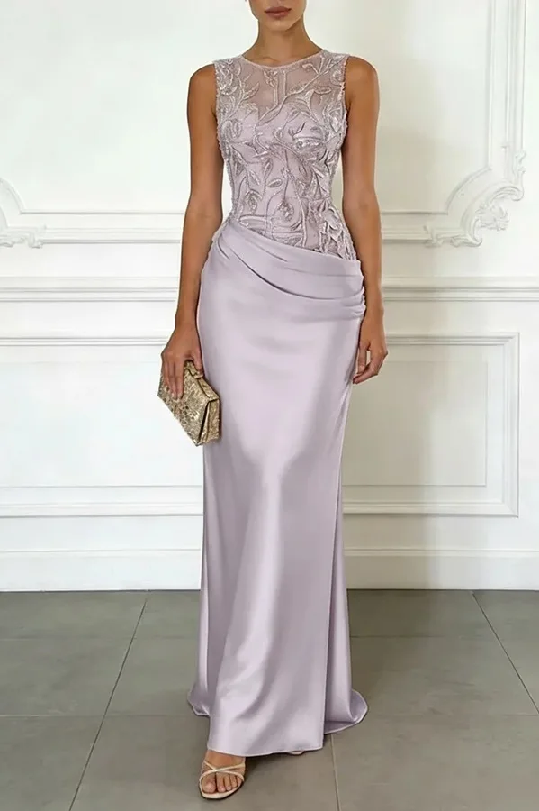 Pretty Women Pink Evening Dresses Luxury O-Neck Sleeveless Floor Length Appliques Long Dress Special Occasion Prom Gowns Vestido