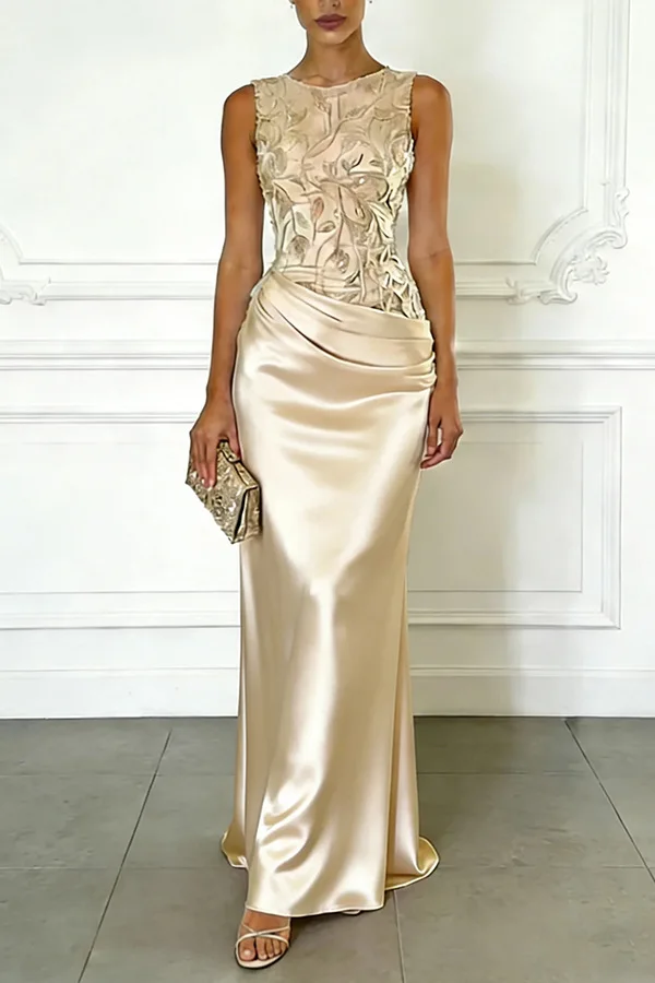 Pretty Women Pink Evening Dresses Luxury O-Neck Sleeveless Floor Length Appliques Long Dress Special Occasion Prom Gowns Vestido