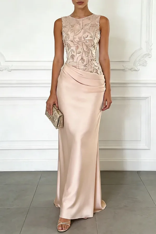 Pretty Women Pink Evening Dresses Luxury O-Neck Sleeveless Floor Length Appliques Long Dress Special Occasion Prom Gowns Vestido