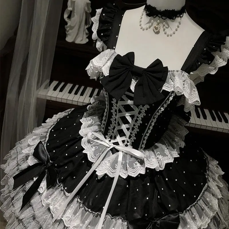 Japanese Lolita Kawaii Mini Dress Black Polka Dot Lace Up Multi Satin Bow Tiered White Lace Hem Party Dress Harajuku JKS New