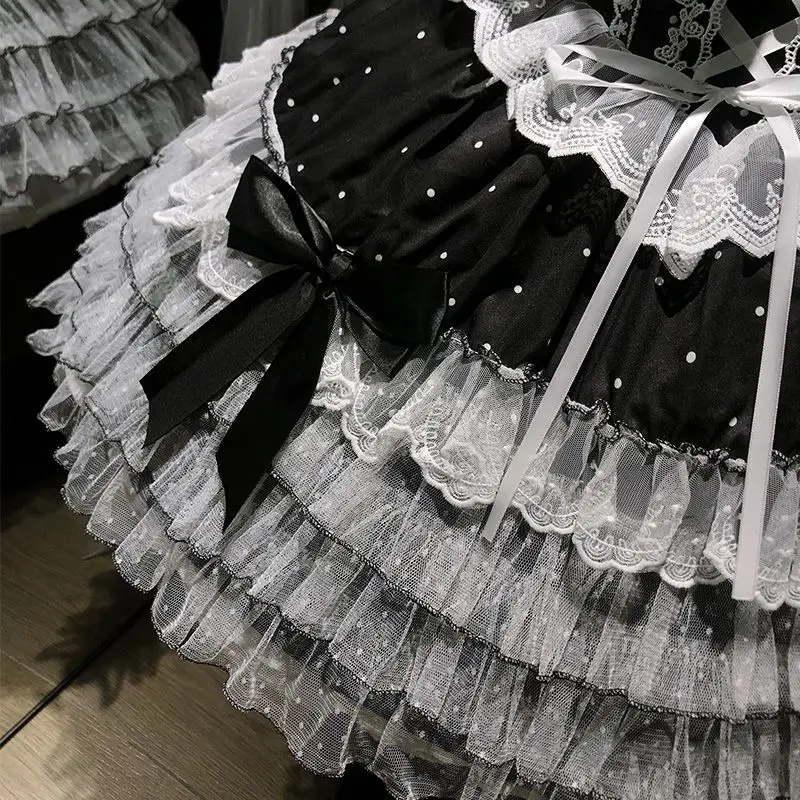 Japanese Lolita Kawaii Mini Dress Black Polka Dot Lace Up Multi Satin Bow Tiered White Lace Hem Party Dress Harajuku JKS New
