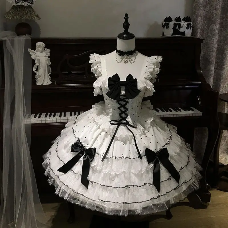 Japanese Lolita Kawaii Mini Dress Black Polka Dot Lace Up Multi Satin Bow Tiered White Lace Hem Party Dress Harajuku JKS New