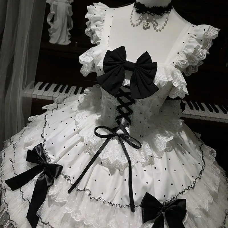 Japanese Lolita Kawaii Mini Dress Black Polka Dot Lace Up Multi Satin Bow Tiered White Lace Hem Party Dress Harajuku JKS New