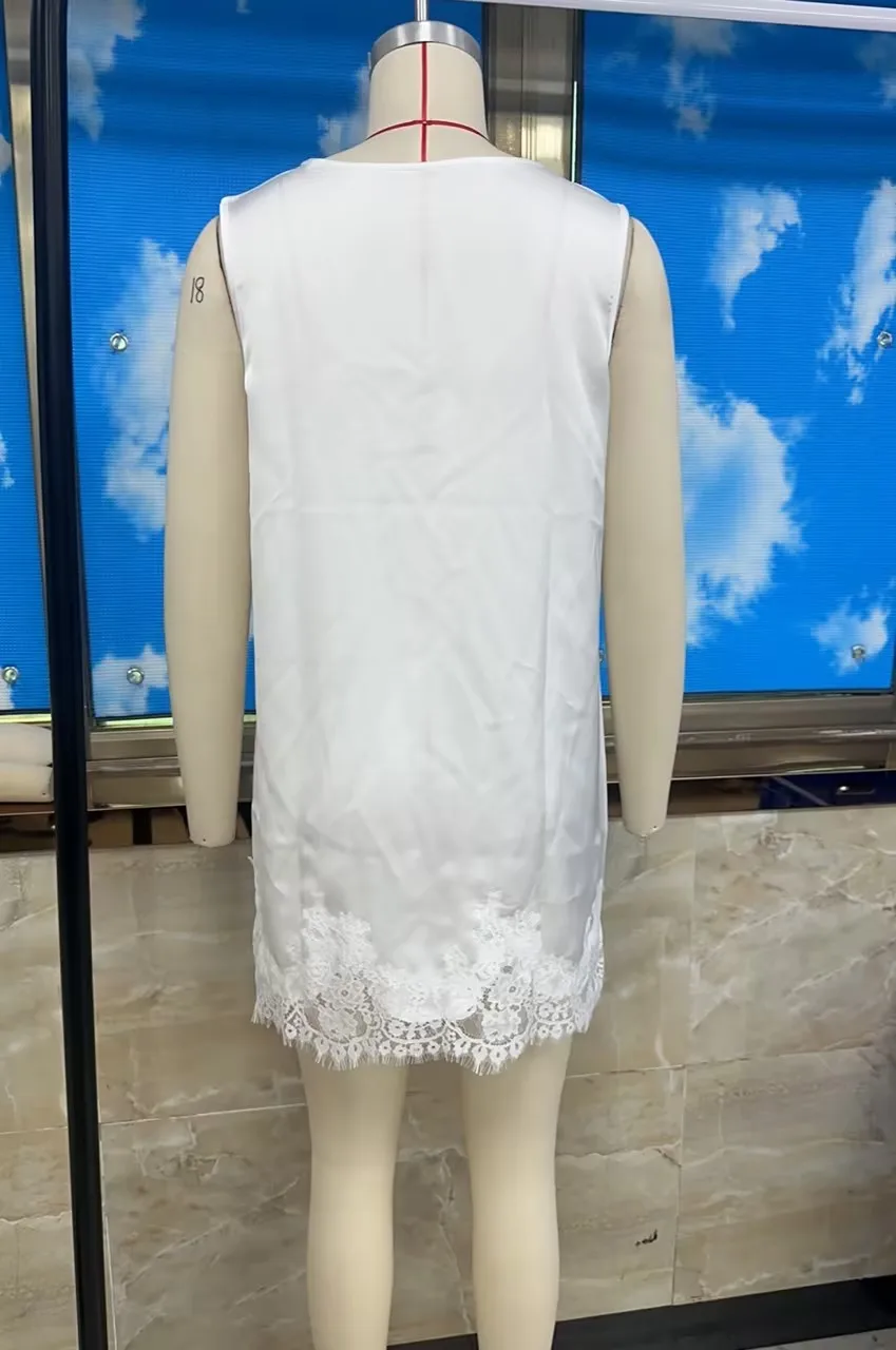 Women Silk Lace Slip Dress Satin Casual Loose Tank Dress Summer Sleeveless Crew Neck Long Flowy Top Elegant Ladies Mini Dress