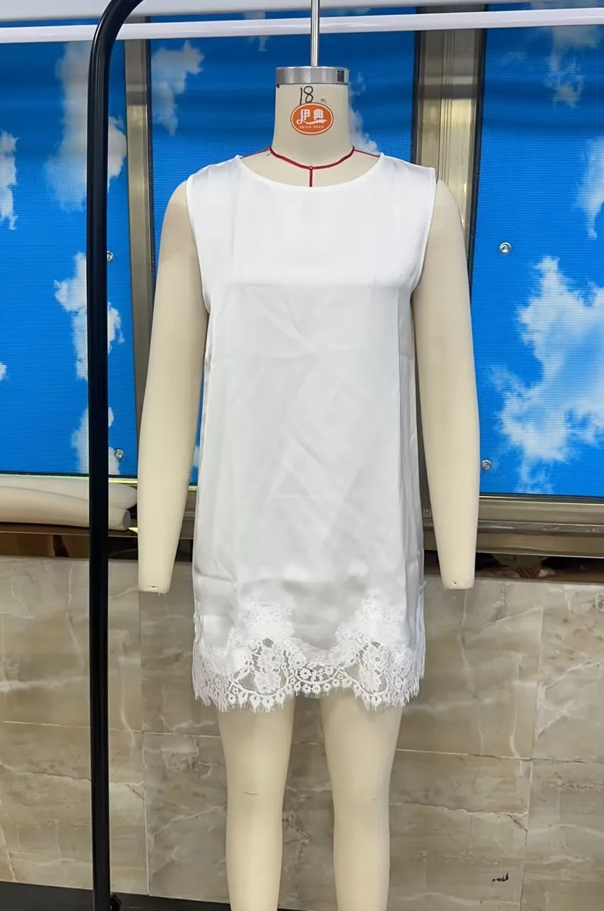Women Silk Lace Slip Dress Satin Casual Loose Tank Dress Summer Sleeveless Crew Neck Long Flowy Top Elegant Ladies Mini Dress