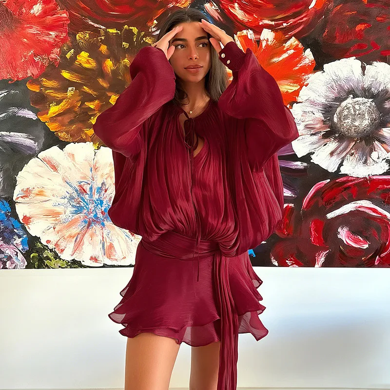 hirigin Elegant Womens Ruffle Mini Dress Long Lantern Sleeve Tie-up Front Solid Color Pleated Dress Short Flowy Dress Party Club
