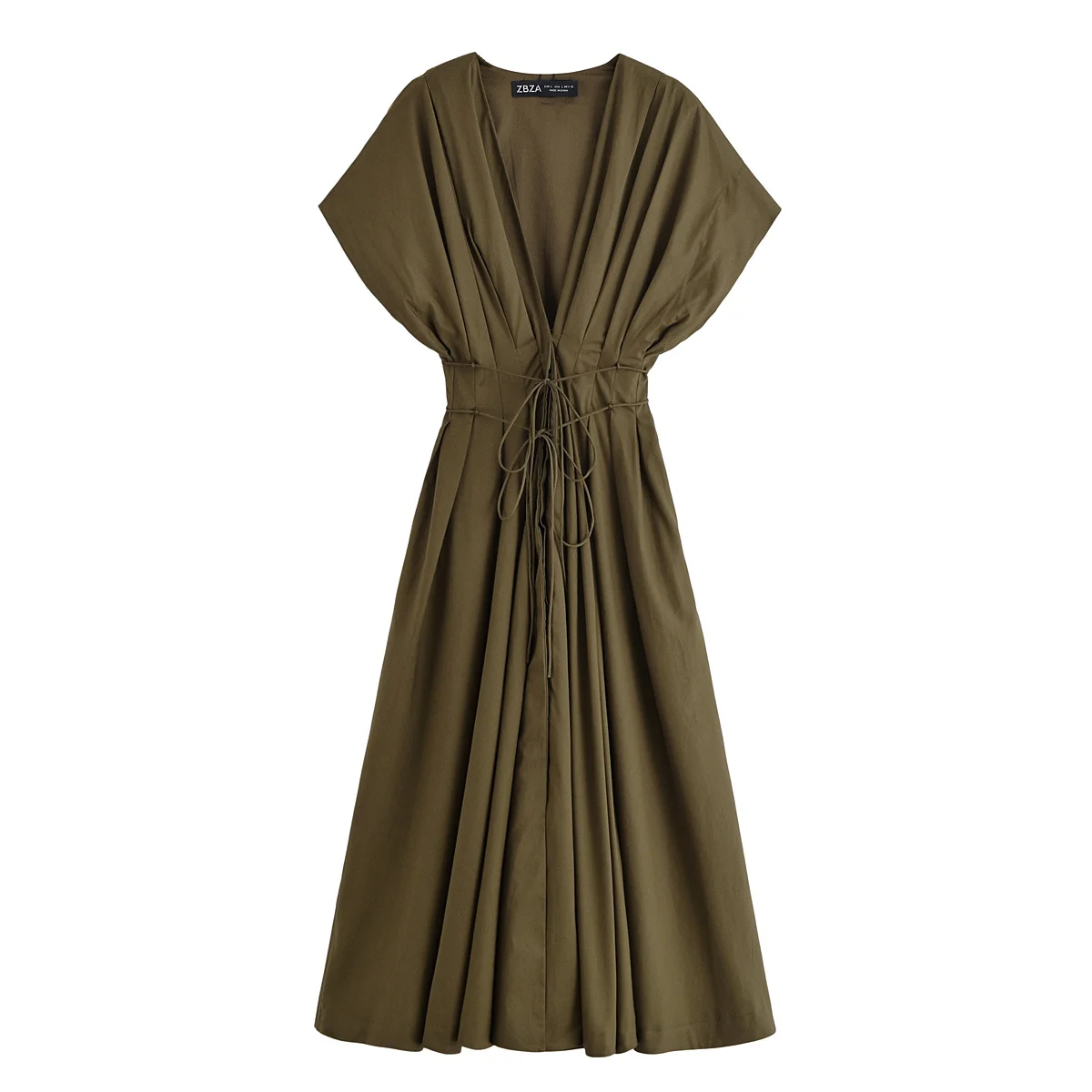 HH Women's New Fashion V-neck Pleated Down Shoulder Short Sleeve Midi Dress Female Temperament High-waist Casual Long Dress