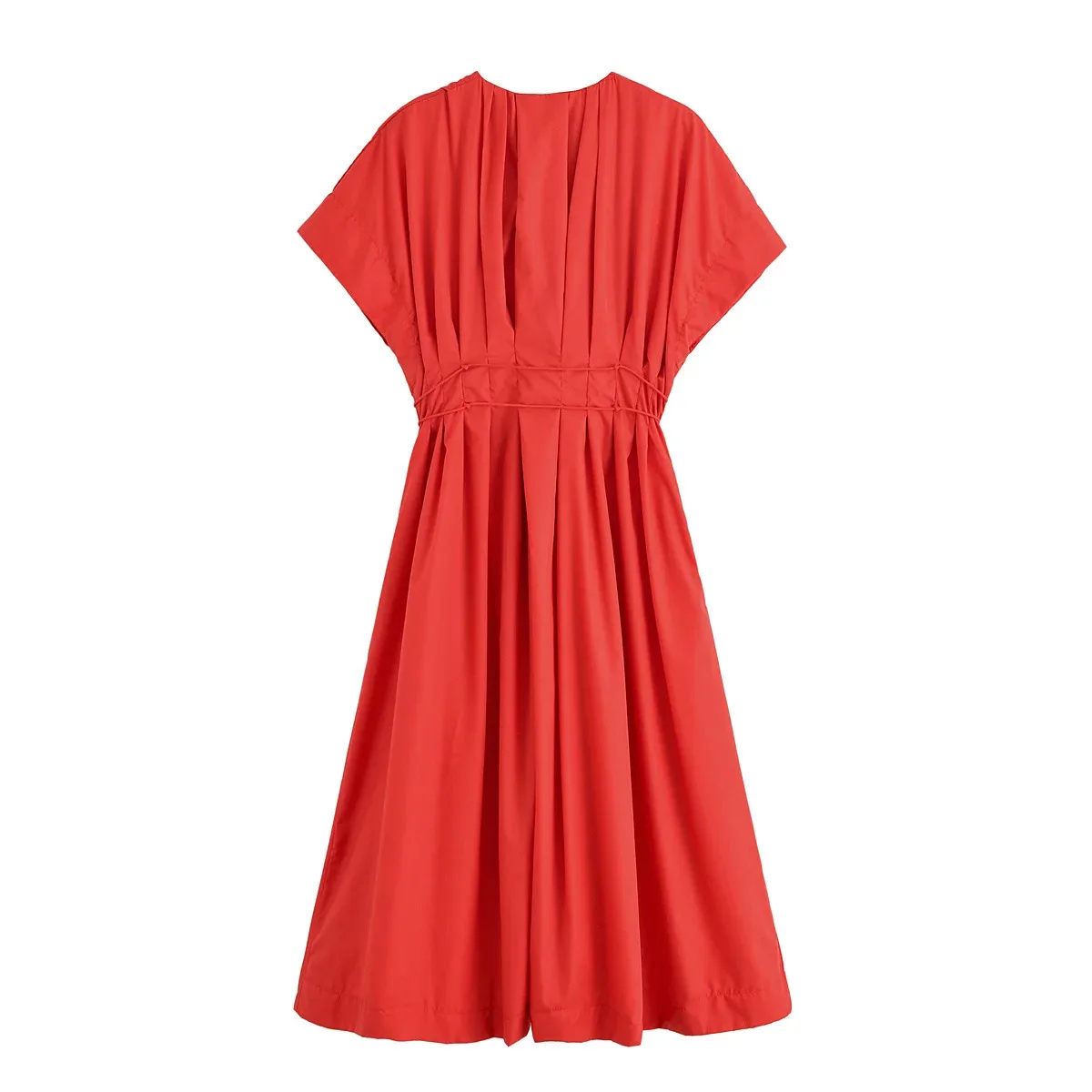 HH Women's New Fashion V-neck Pleated Down Shoulder Short Sleeve Midi Dress Female Temperament High-waist Casual Long Dress