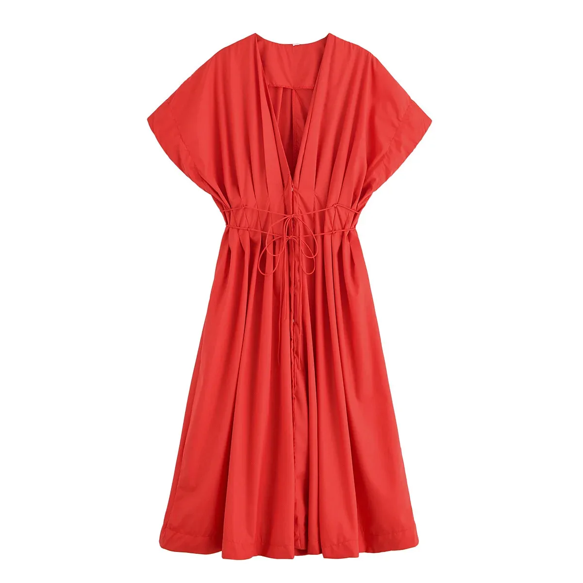 HH Women's New Fashion V-neck Pleated Down Shoulder Short Sleeve Midi Dress Female Temperament High-waist Casual Long Dress