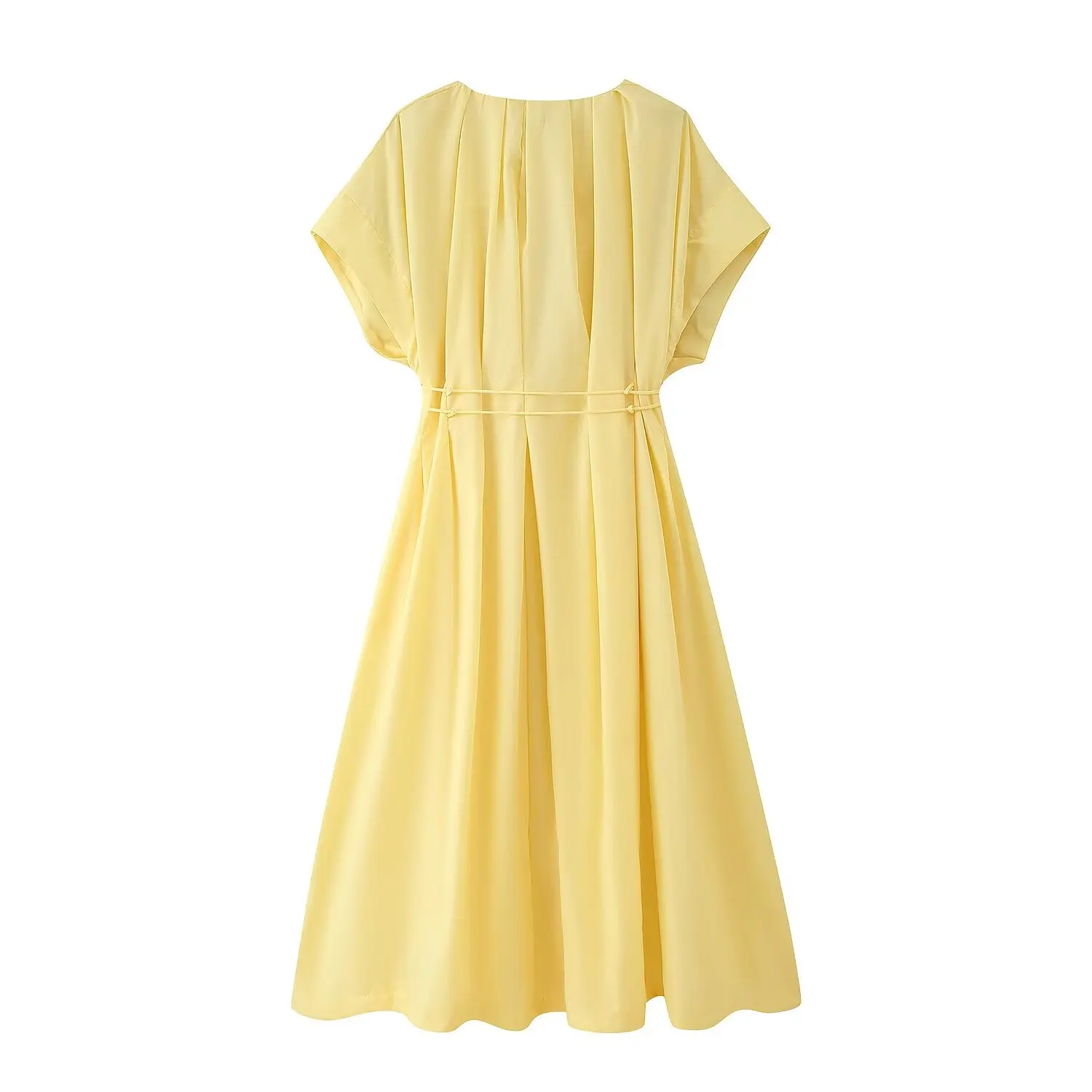 HH Women's New Fashion V-neck Pleated Down Shoulder Short Sleeve Midi Dress Female Temperament High-waist Casual Long Dress