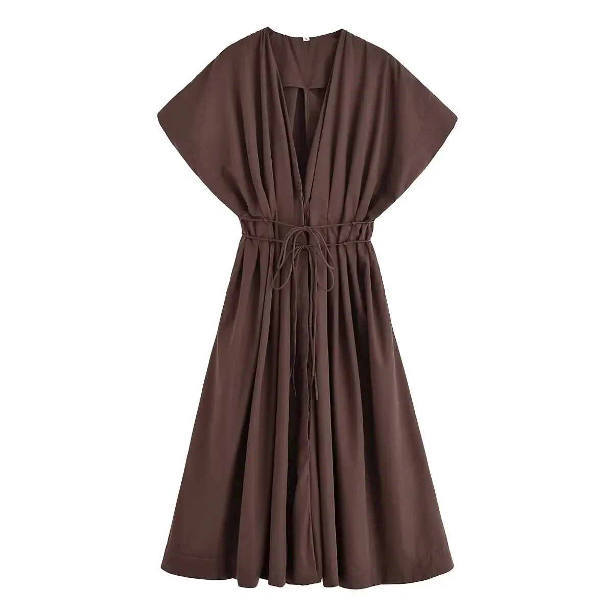 HH Women's New Fashion V-neck Pleated Down Shoulder Short Sleeve Midi Dress Female Temperament High-waist Casual Long Dress