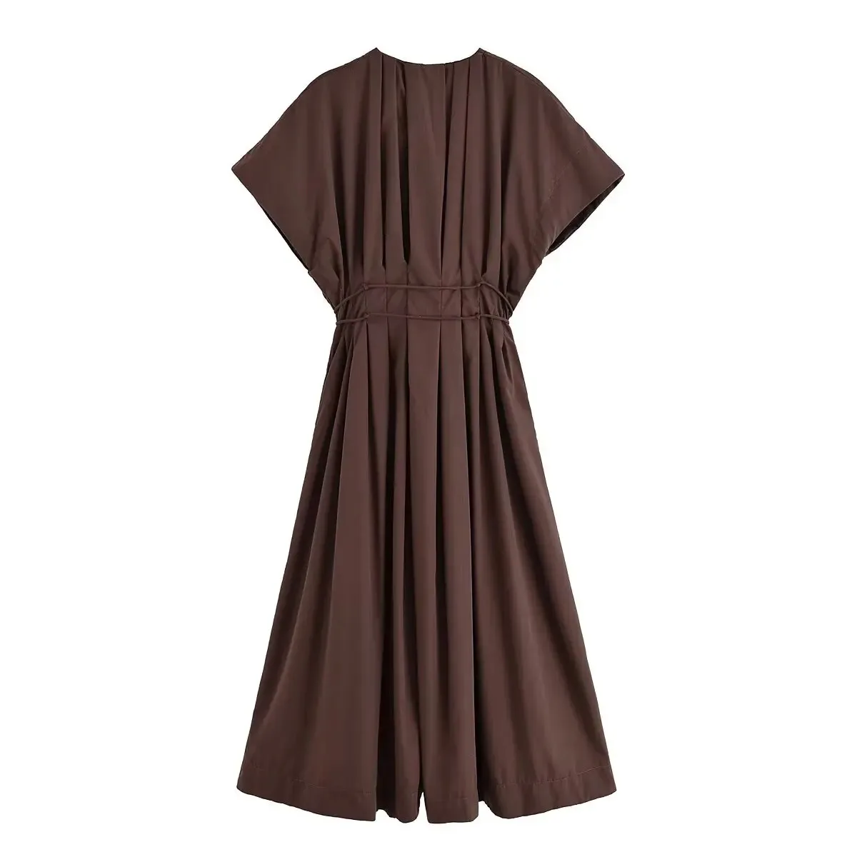 HH Women's New Fashion V-neck Pleated Down Shoulder Short Sleeve Midi Dress Female Temperament High-waist Casual Long Dress