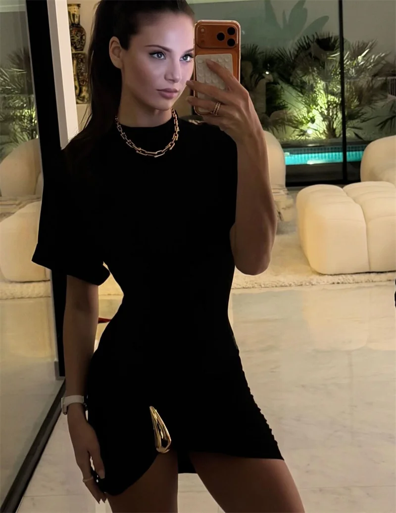 Mozision Short Sleeve Ruched Sexy Mini Dress Women Elegant Black Metal Buckle Half High Neck High Waist Bodycon Club Dress
