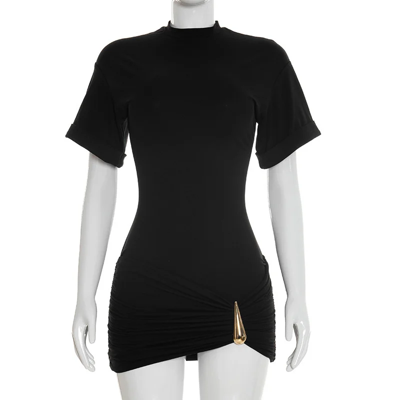 Mozision Short Sleeve Ruched Sexy Mini Dress Women Elegant Black Metal Buckle Half High Neck High Waist Bodycon Club Dress