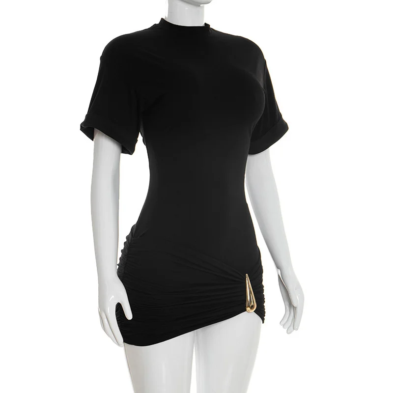 Mozision Short Sleeve Ruched Sexy Mini Dress Women Elegant Black Metal Buckle Half High Neck High Waist Bodycon Club Dress