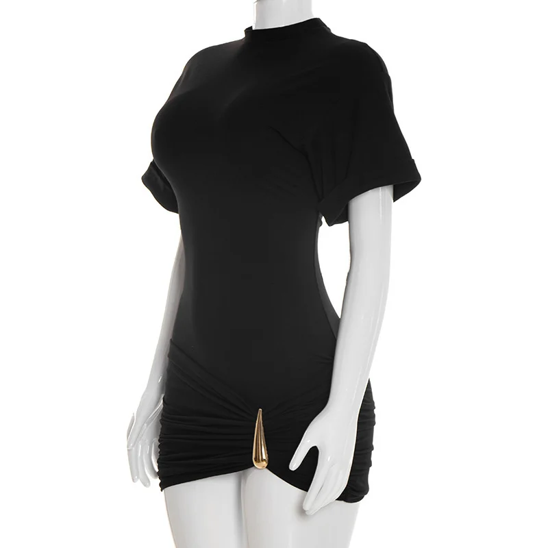 Mozision Short Sleeve Ruched Sexy Mini Dress Women Elegant Black Metal Buckle Half High Neck High Waist Bodycon Club Dress