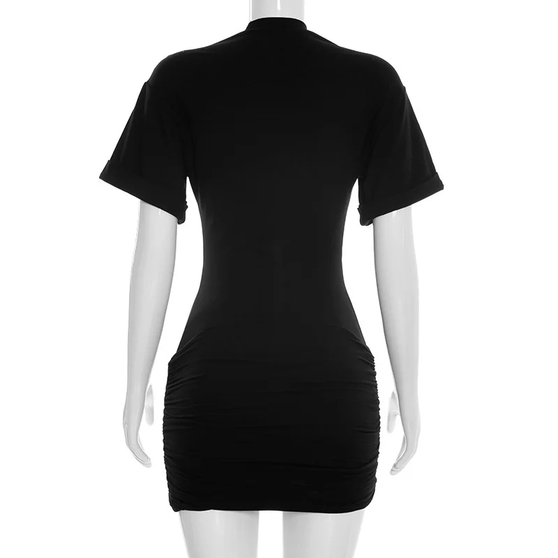 Mozision Short Sleeve Ruched Sexy Mini Dress Women Elegant Black Metal Buckle Half High Neck High Waist Bodycon Club Dress