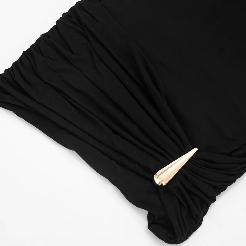 Mozision Short Sleeve Ruched Sexy Mini Dress Women Elegant Black Metal Buckle Half High Neck High Waist Bodycon Club Dress