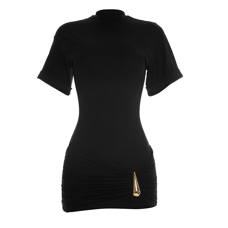 Mozision Short Sleeve Ruched Sexy Mini Dress Women Elegant Black Metal Buckle Half High Neck High Waist Bodycon Club Dress