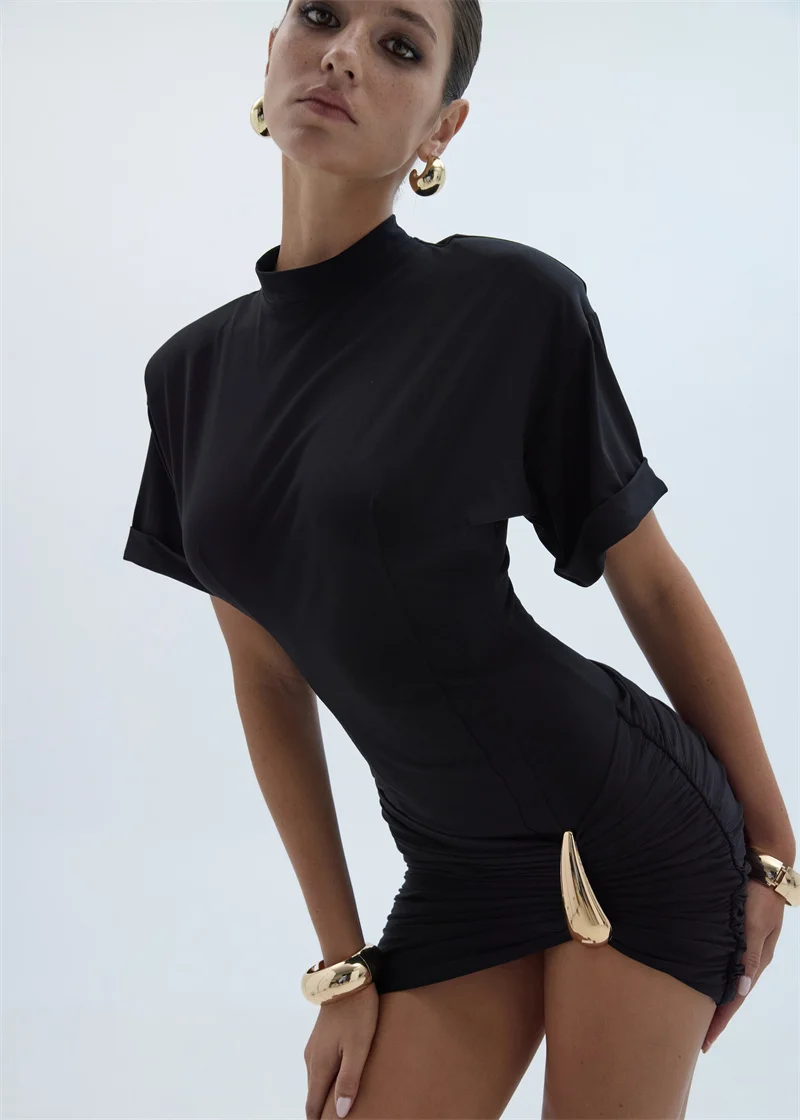 Mozision Short Sleeve Ruched Sexy Mini Dress Women Elegant Black Metal Buckle Half High Neck High Waist Bodycon Club Dress