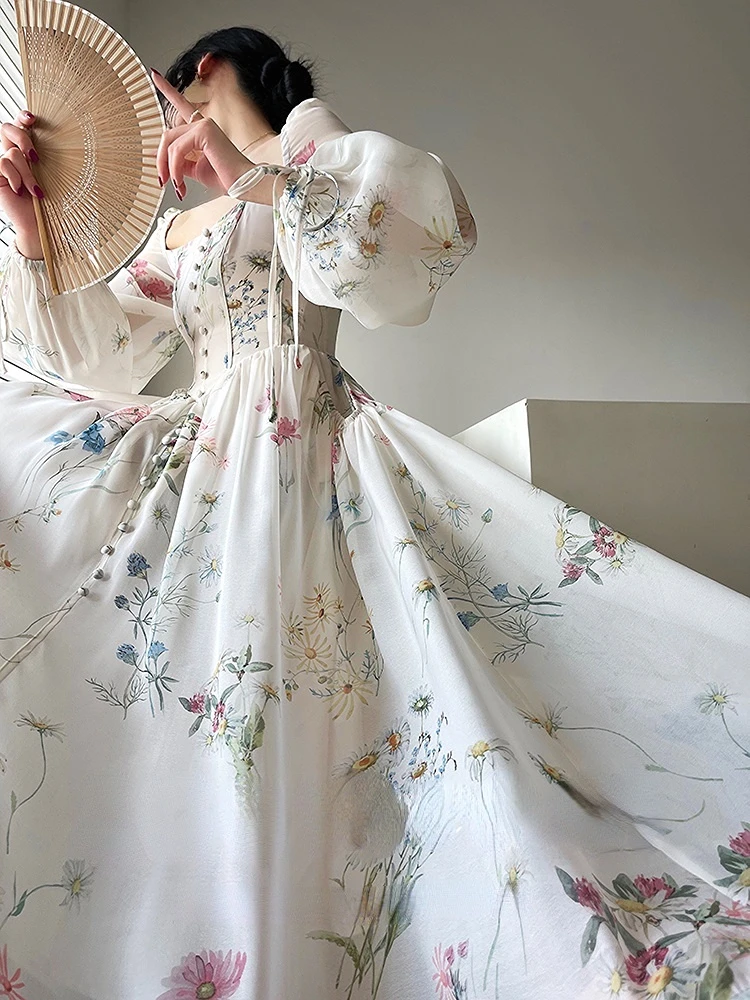 Vintage Floral Midi Dress Women Elegant Party Square Collar Dresses Summer Beach Fairy Korean Long Sleeve Bodycon Vestidos New