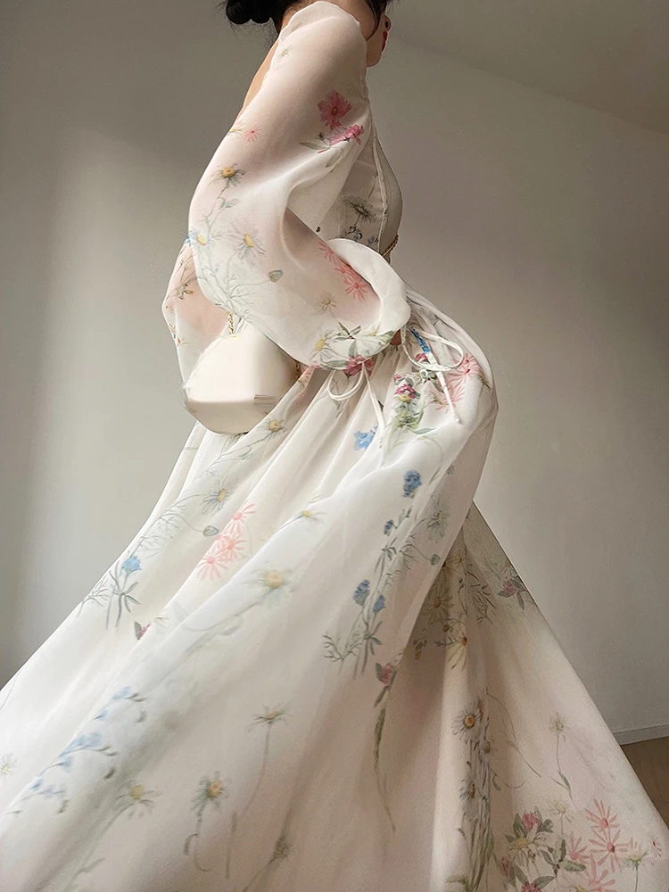 Vintage Floral Midi Dress Women Elegant Party Square Collar Dresses Summer Beach Fairy Korean Long Sleeve Bodycon Vestidos New