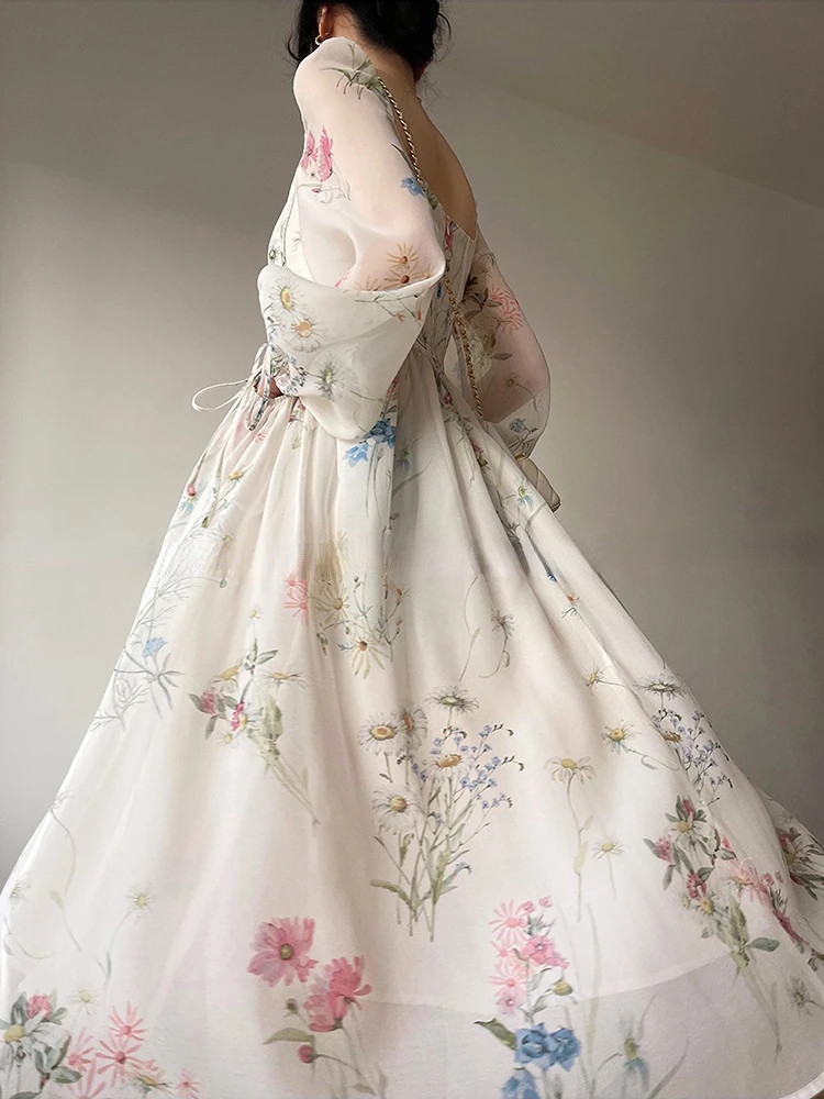Vintage Floral Midi Dress Women Elegant Party Square Collar Dresses Summer Beach Fairy Korean Long Sleeve Bodycon Vestidos New