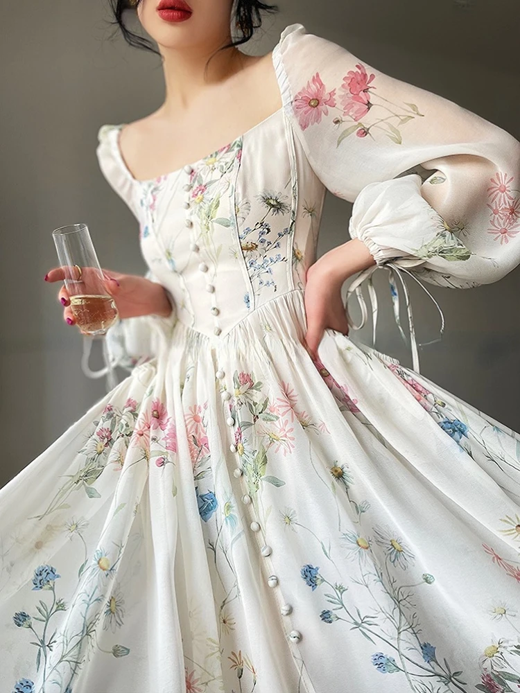 Vintage Floral Midi Dress Women Elegant Party Square Collar Dresses Summer Beach Fairy Korean Long Sleeve Bodycon Vestidos New