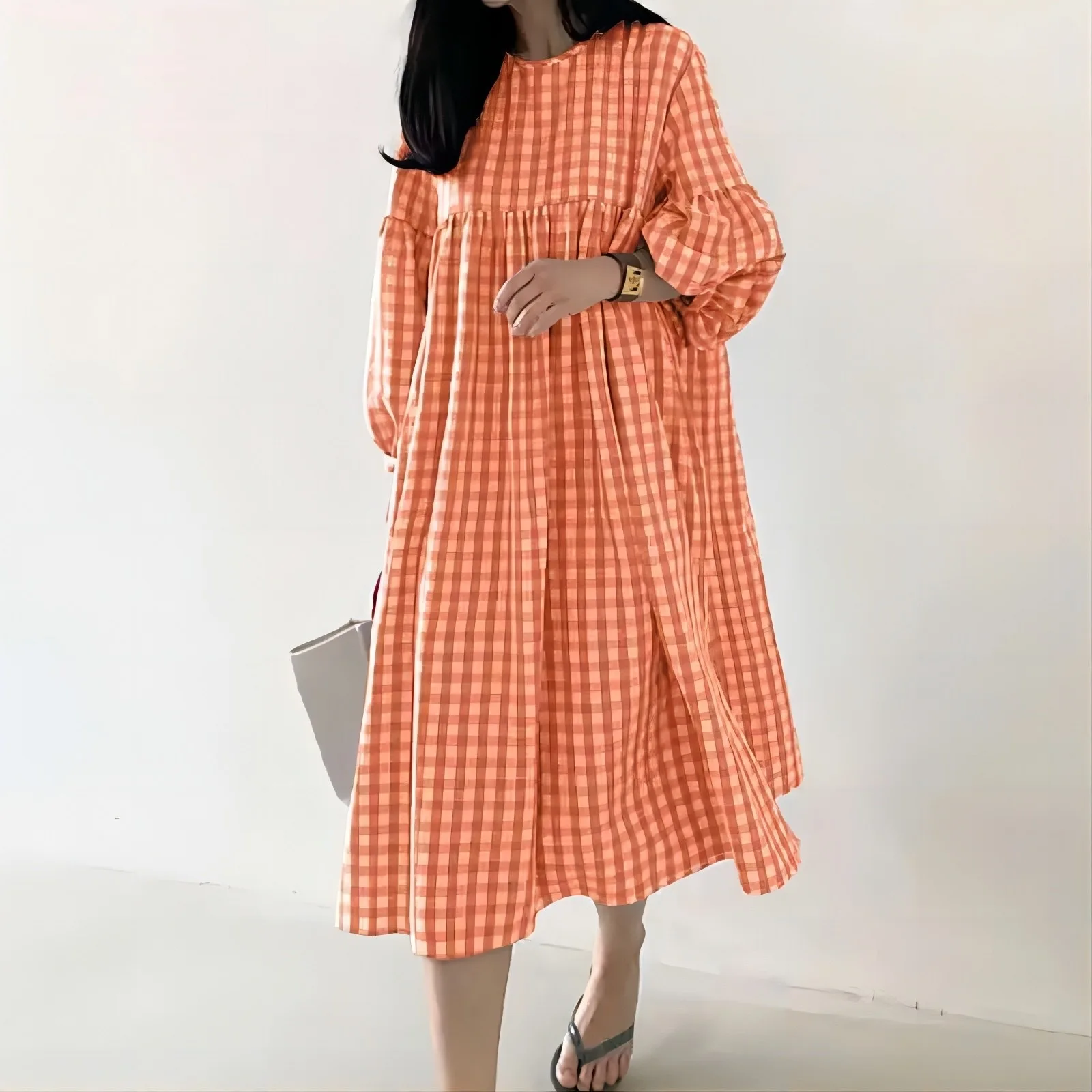 New 2026 Vintage Check Dresses for Women Fashion Puff Sleeve Casual Midi Dress Females O-neck Loose Robe Summer Oversize Vestido