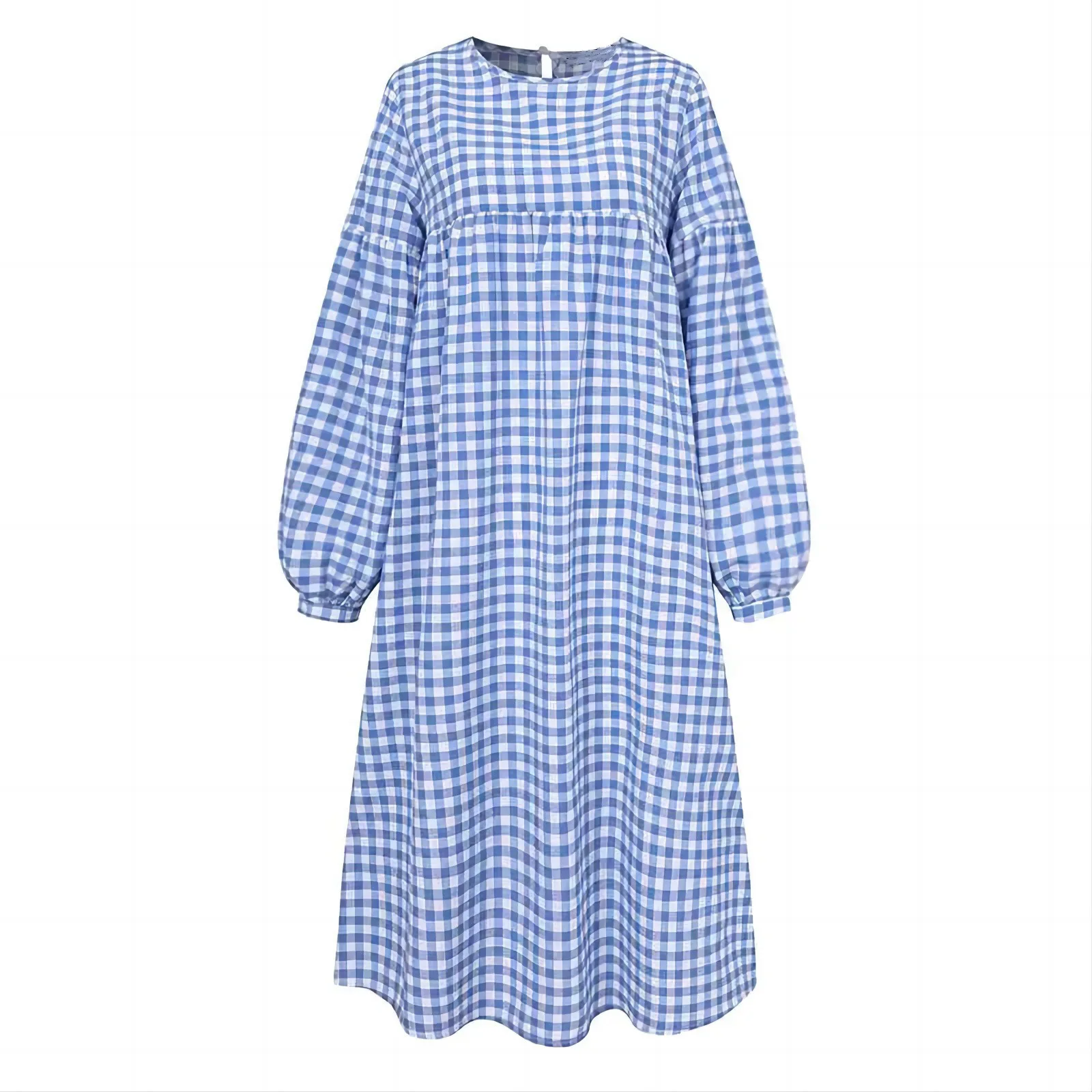 New 2026 Vintage Check Dresses for Women Fashion Puff Sleeve Casual Midi Dress Females O-neck Loose Robe Summer Oversize Vestido